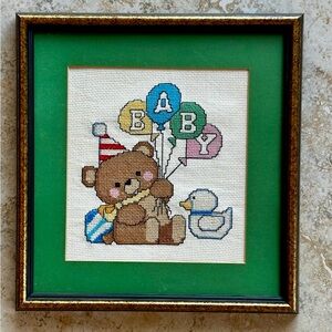 Counted Cross Stitch Framed Completed Baby Teddy Bear Balloons colorful giftable